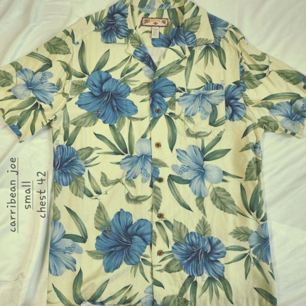 Carribbean Joe tropical shirt green floral button front size small